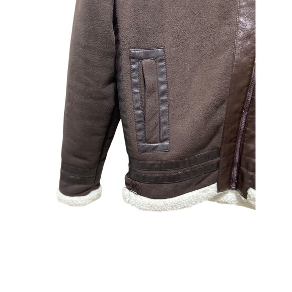 Han Ton Mens High Neck Faux Shearling Bomber Jacket Brown Size L Minimalist Warm - Picture 5 of 13